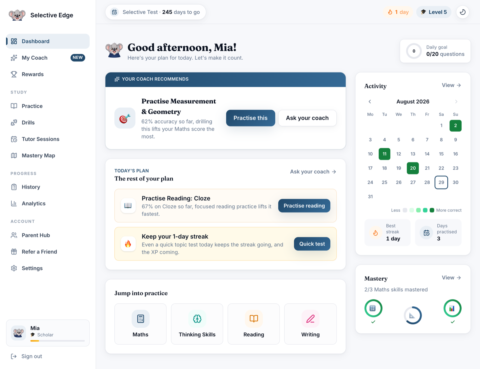 The Selective Edge dashboard: a coach recommendation to practise Measurement and Geometry at 62% accuracy, today's plan with two more ranked actions, an activity calendar and mastery rings.