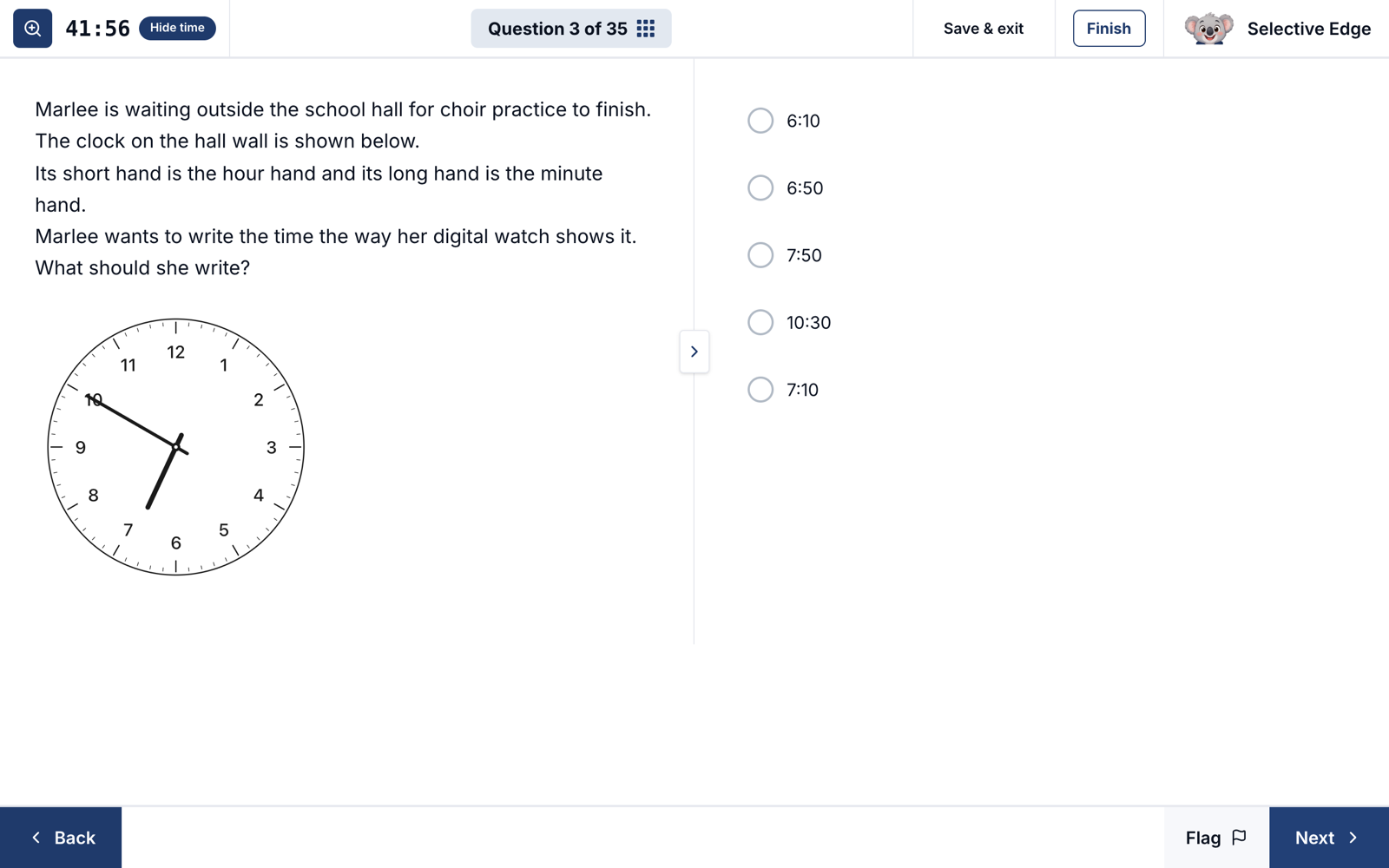 The Selective Edge exam runner mid-paper: a timer, question 3 of 35, an analogue clock diagram and five answer options.