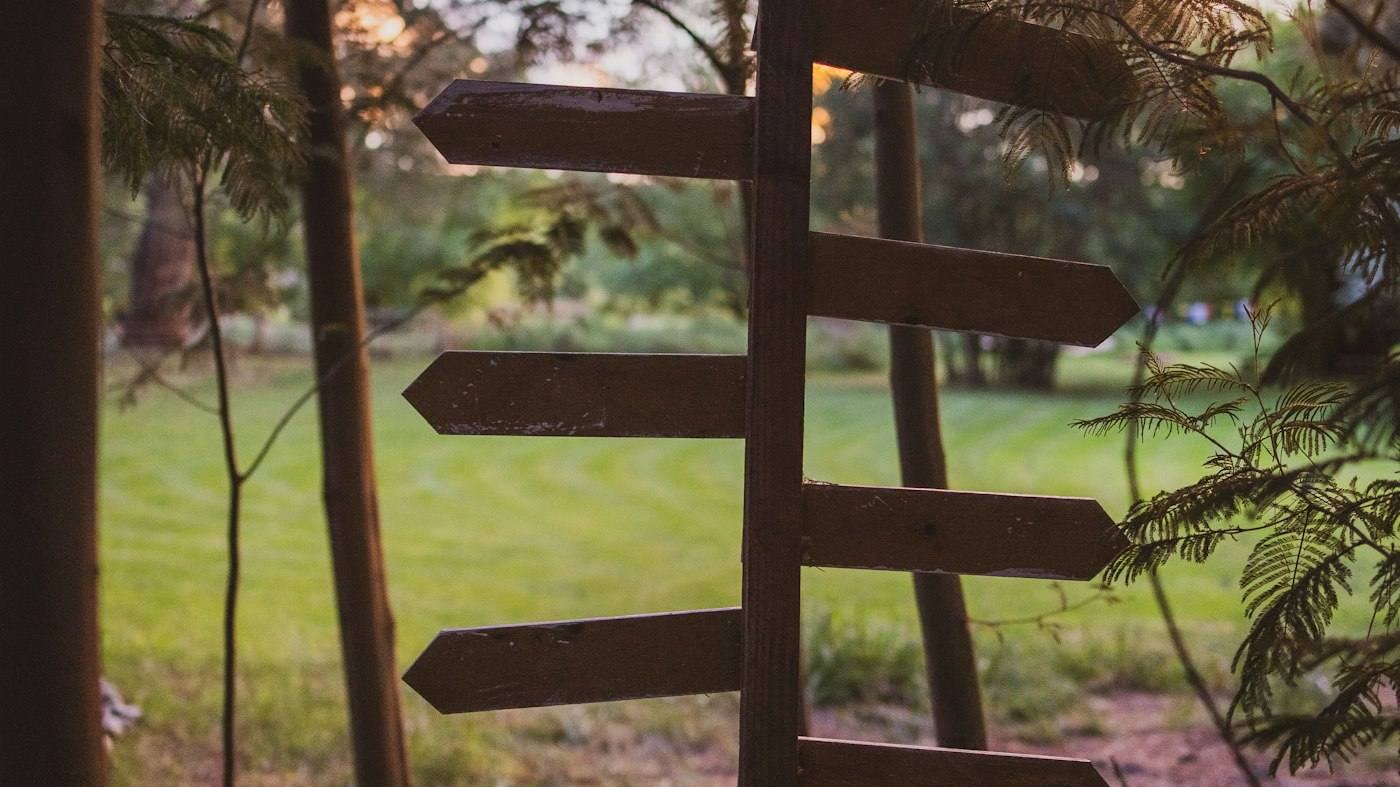 A wooden signpost pointing in several directions along a path