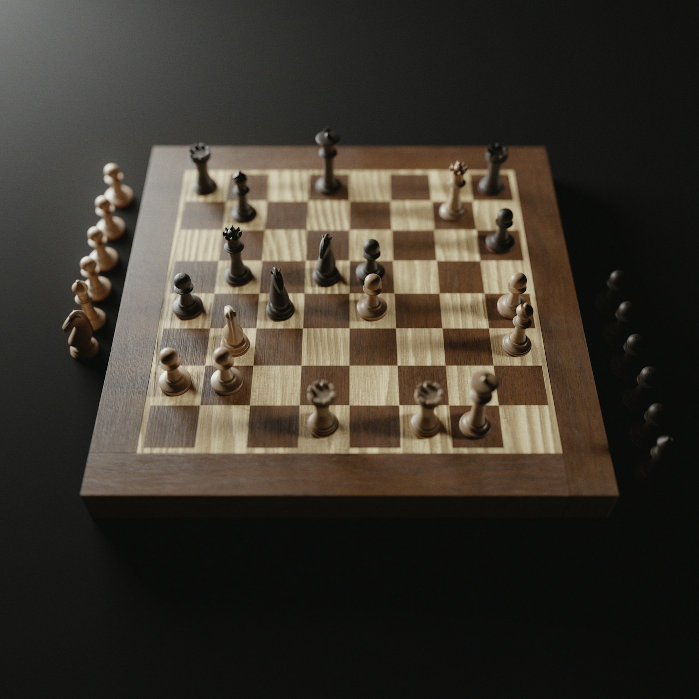 A wooden chess board set up ready for a game