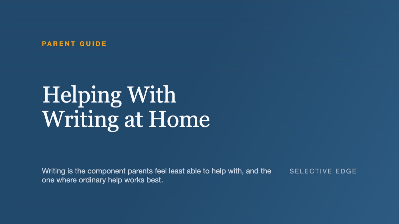 A dark blue card reading Helping With Writing at Home, in the Selective Edge house style