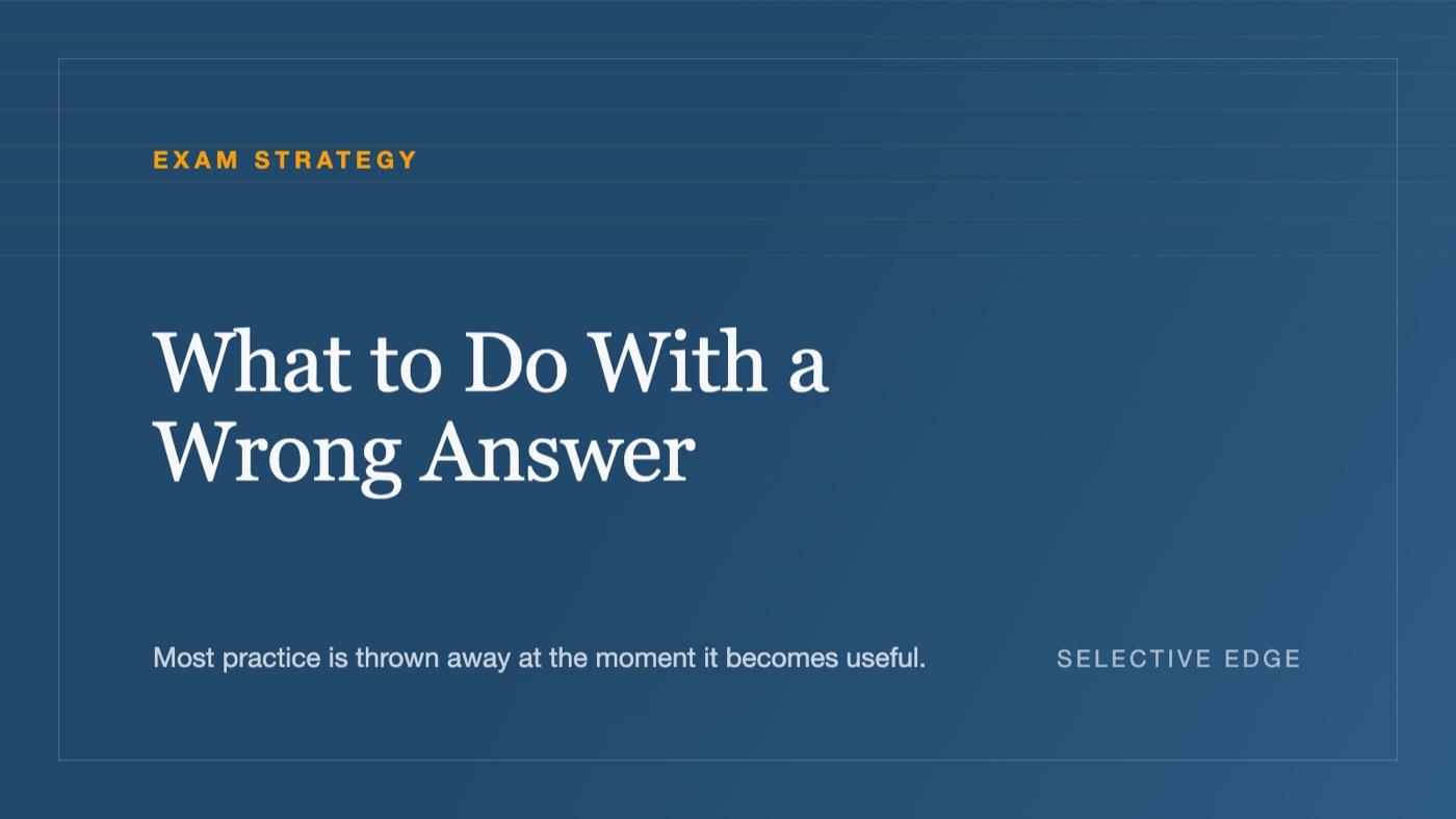 A dark blue card reading What to Do With a Wrong Answer, in the Selective Edge house style